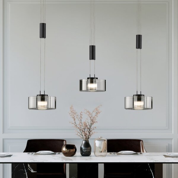 FISCHER & HONSEL Lampă suspendată LED Lavin, lungime 100 cm, negru nisip/gri fumuriu, reglabil, Negru, Camera de zi / sufragerie, Metal, Modern