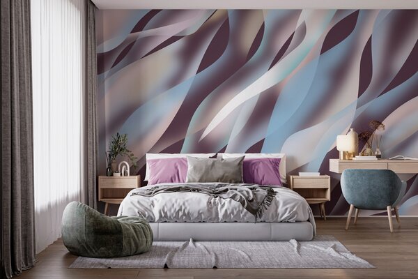 Tapet Valuri abstracte în nuanțe de albastru, roz și bej pe un fundal de culoarea vinetei închise, Fototapet Abstract, w05758v3 : Uwalls.ro