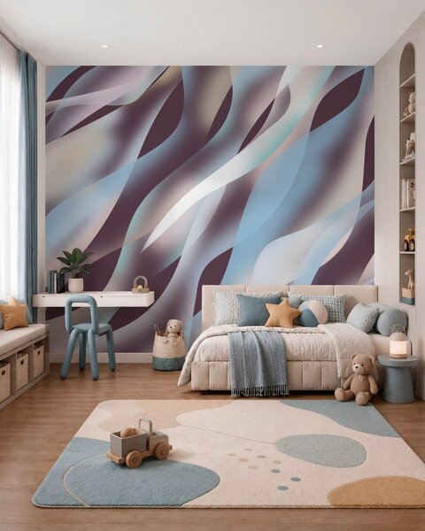 Tapet Valuri abstracte în nuanțe de albastru, roz și bej pe un fundal de culoarea vinetei închise, Fototapet Abstract, w05758v3 : Uwalls.ro