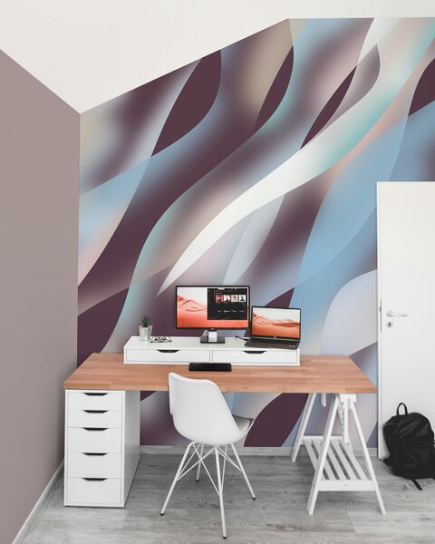 Tapet Valuri abstracte în nuanțe de albastru, roz și bej pe un fundal de culoarea vinetei închise, Fototapet Abstract, w05758v3 : Uwalls.ro