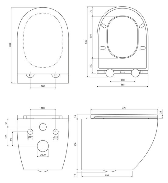 Set vas WC suspendat, Omnires Ottawa, cu capac quick release si soft close, alb mat