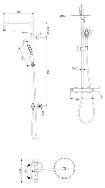 Coloana de dus cu termostat, Omnires UNI, negru semi-mat
