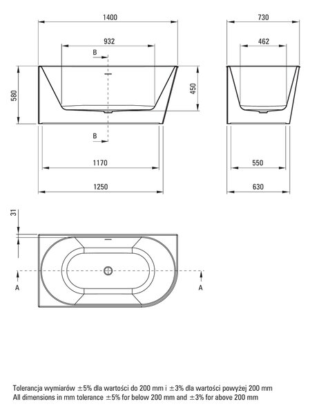 Deante Silia, cadă de sine stătătoare pe perete 1400x730x580 mm, stânga, DEA-KDS_014L
