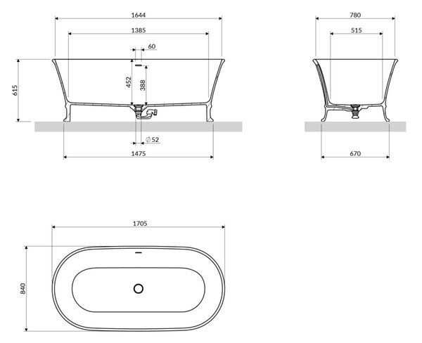 Cada freestanding, Omnires CLASSICA M+,170 x 84 cm, alb mat