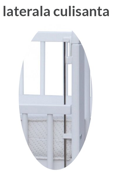 Patut din lemn masiv 120x60 cm Bria alb cu laterala culisanta, reglabil pe 3 nivele, certificat EN71