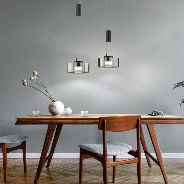FISCHER & HONSEL Lampă suspendată LED Lavin, lungime 64 cm, negru nisip/gri fumuriu, reglabil, Negru, Camera de zi / sufragerie, Metal, Modern