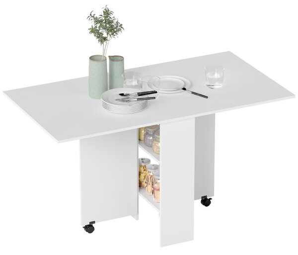 HOMCOM Masă Pliabilă pentru 4-6 Persoane cu 2 Roți și 2 rafturi depozitare, 140x75x74cm, Alb | Aosom Romania