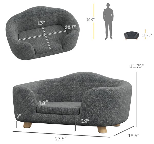 PawHut Canapea pentru Câini de Talie Mică, Culcuș de Interior cu Pernă Lavabilă, Design Modern, 70x47x30cm, Gri Antracit | Aosom Romania