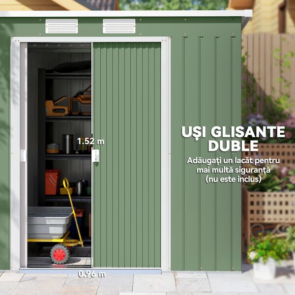 Outsunny Casuta de gradina din otel cu acoperis inclinat, usa glisanta dubla si orificii de aerisire, 213x130x173 cm | Aosom Romania