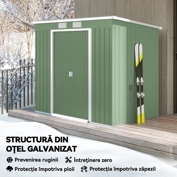 Outsunny Casuta de gradina din otel cu acoperis inclinat, usa glisanta dubla si orificii de aerisire, 213x130x173 cm | Aosom Romania