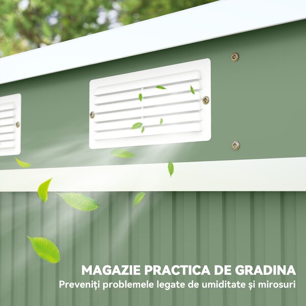Outsunny Casuta de gradina din otel cu acoperis inclinat, usa glisanta dubla si orificii de aerisire, 213x130x173 cm | Aosom Romania