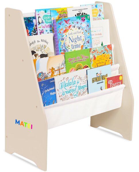 Raft de Carti pentru Copii Suporto, Organizator cu etajere din textil, pentru depozitare jucarii, carti si caiete. Mobilier din Lemn MDF, 71.5 x 62 x 30 cm, Crem