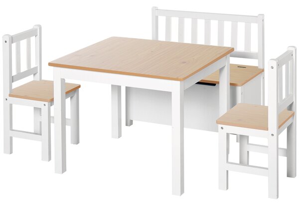Homcom Set 4 Pezzi Tavolino con Sedie e Panca Portaoggetti per Bambini in Legno