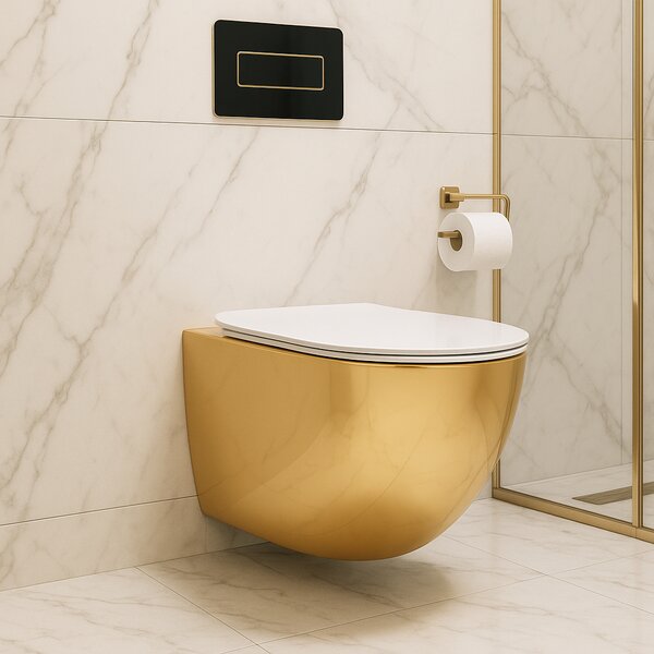 Rea Carlo Mini Tornado NF, vas WC suspendat 490x365x350mm + capac WC, alb-auriu lucios, REA-C6808