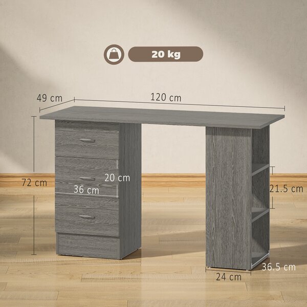 HOMCOM Birou modern cu 3 Sertare si Rafturi in Lemn Alb 120x49x72cm | Aosom Romania
