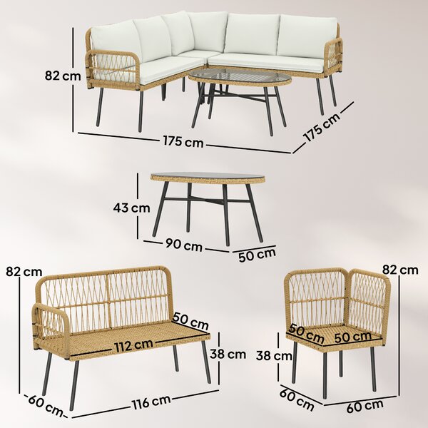 Outsunny Set Mobilier Grădină din Ratan, 4 Piese în Formă de L, cu 2 Canapele, Colțar, Măsuță de Cafea și Perne, Cadru din Oțel, pentru Balcon sau Terasă, Natural/Crem | Aosom Romania