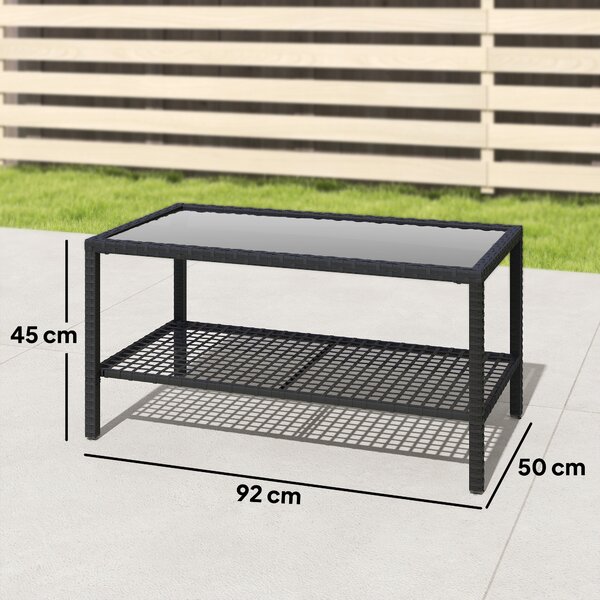 Outsunny Măsuță de Cafea din Ratan pe 2 Niveluri cu Raft, Blat din Sticlă Securizată, Măsuță de Exterior cu Cadru din Oțel, 92x50x45 cm, Negru | Aosom Romania