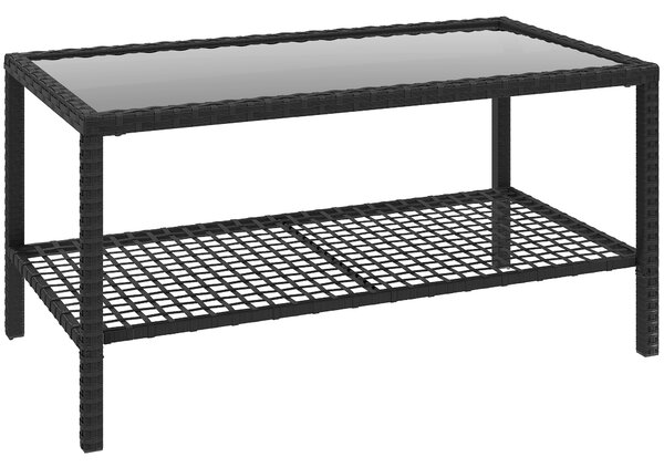 Outsunny Măsuță de Cafea din Ratan pe 2 Niveluri cu Raft, Blat din Sticlă Securizată, Măsuță de Exterior cu Cadru din Oțel, 92x50x45 cm, Negru | Aosom Romania