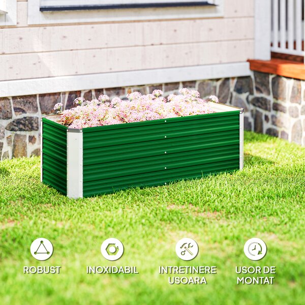 Outsunny Pat de Grădină Ridicat Fără Fund, din Oțel, cu 2 Zone de Cultivare, 125x47x40 cm, Verde | Aosom Romania