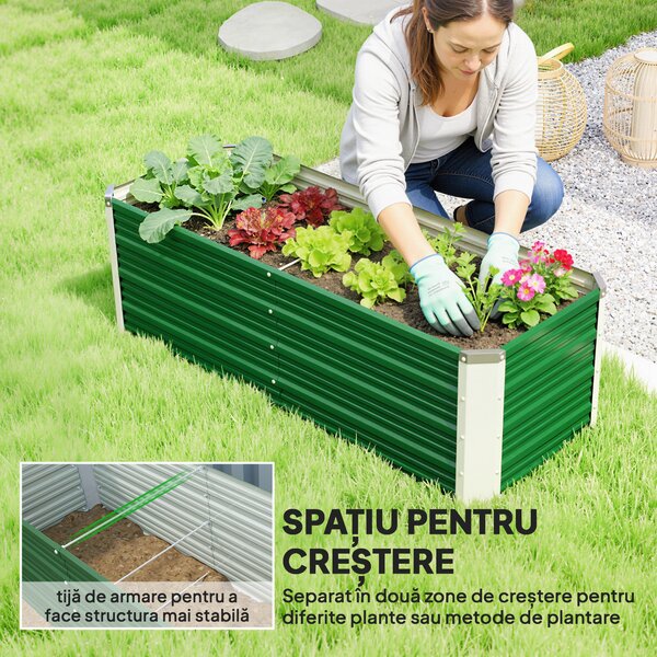Outsunny Pat de Grădină Ridicat Fără Fund, din Oțel, cu 2 Zone de Cultivare, 125x47x40 cm, Verde | Aosom Romania