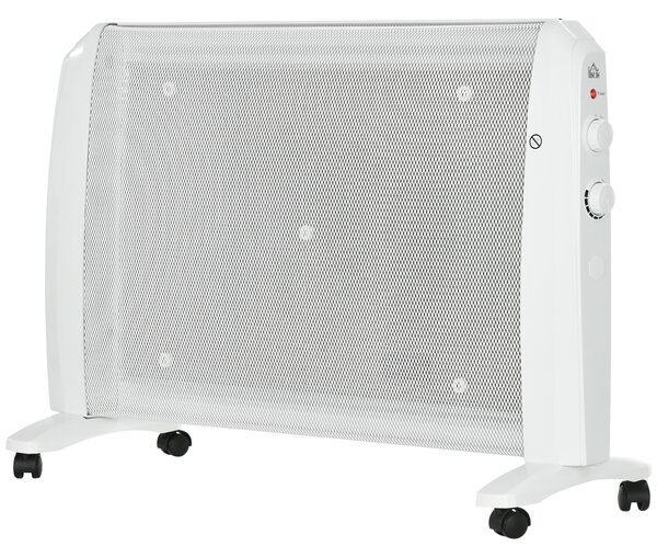 HOMCOM Radiator Electric Mică 1000W/2000W cu Termostat Reglabil, 15-20 m², 4 Roți, 79x27x54 cm, Alb | Aosom Romania