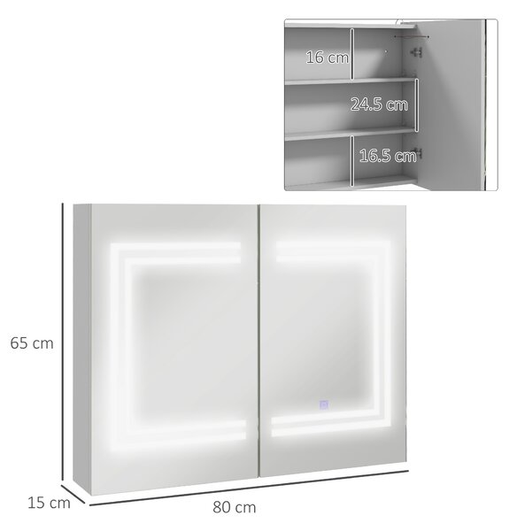 Kleankin Oglindă Baie cu Dulap și LED, 80 x 65cm, Ușă Soft Close, Reglabilă pe 3 Culori, Rafturi Ajustabile, Alb Lucios | Aosom Romania