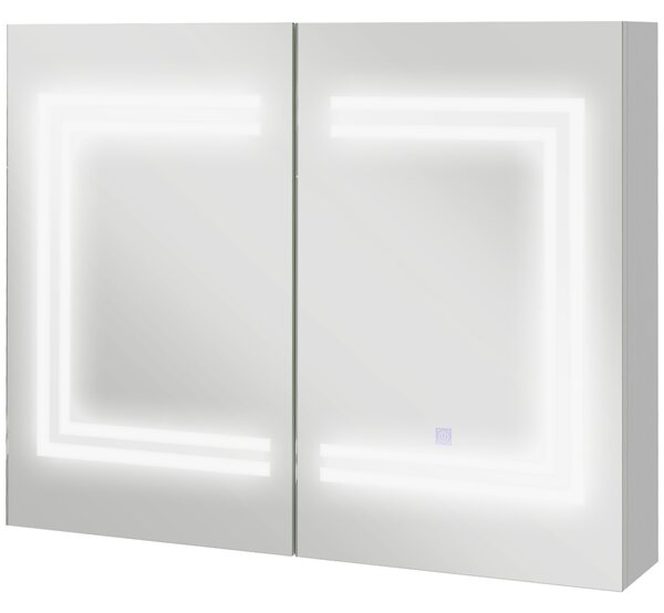 Kleankin Oglindă Baie cu Dulap și LED, 80 x 65cm, Ușă Soft Close, Reglabilă pe 3 Culori, Rafturi Ajustabile, Alb Lucios | Aosom Romania