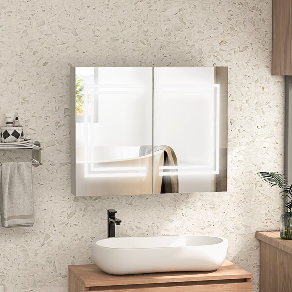 Kleankin Oglindă Baie cu Dulap și LED, 80 x 65cm, Ușă Soft Close, Reglabilă pe 3 Culori, Rafturi Ajustabile, Alb Lucios | Aosom Romania