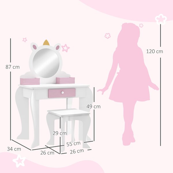 ZONEKIZ Set de Toaletă pentru Fete cu Taburet și Oglindă, Design Unicorn | Aosom Romania