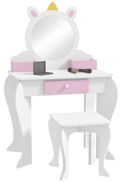 ZONEKIZ Set de Toaletă pentru Fete cu Taburet și Oglindă, Design Unicorn | Aosom Romania