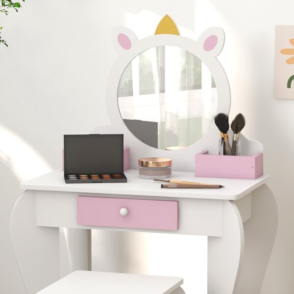 ZONEKIZ Set de Toaletă pentru Fete cu Taburet și Oglindă, Design Unicorn | Aosom Romania