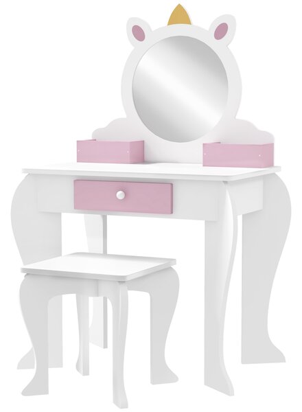 ZONEKIZ Set de Toaletă pentru Fete cu Taburet și Oglindă, Design Unicorn | Aosom Romania