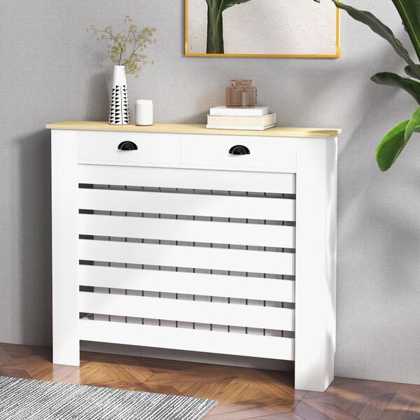 HOMCOM Capac pentru radiator mască radiator grilaj cu lamele orizontale cu 2 sertare din lemn 111l x 19P x 95,5H cm alb | Aosom Romania