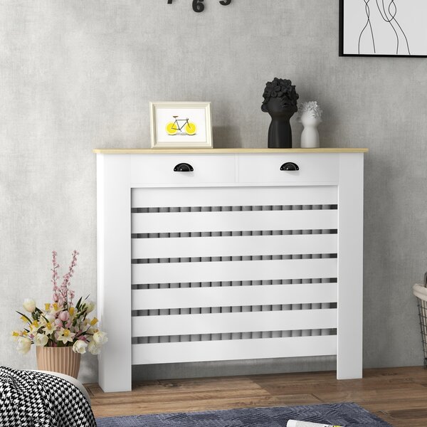 HOMCOM Capac pentru radiator mască radiator grilaj cu lamele orizontale cu 2 sertare din lemn 111l x 19P x 95,5H cm alb | Aosom Romania
