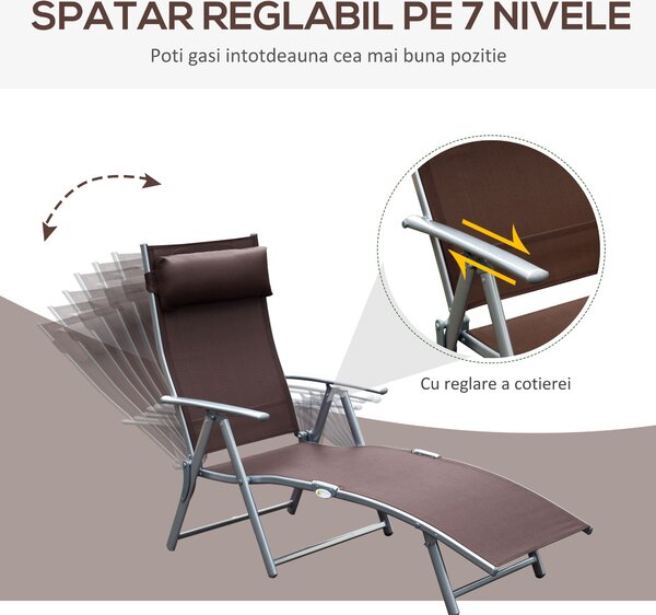 Outsunny Sezlong Pliabil Rabatabil Prendisole, Confortabil pentru Plajă și Grădină, Metal, 137x63.5x100.5 cm, Maro | Aosom Romania