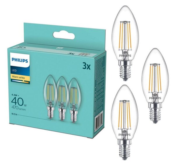Set de 3 becuri LED vintage Philips B35, E14, 4,3 W, 230 V, 2700 K