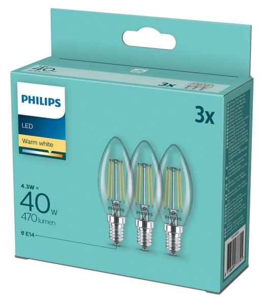Set de 3 becuri LED vintage Philips B35, E14, 4,3 W, 230 V, 2700 K