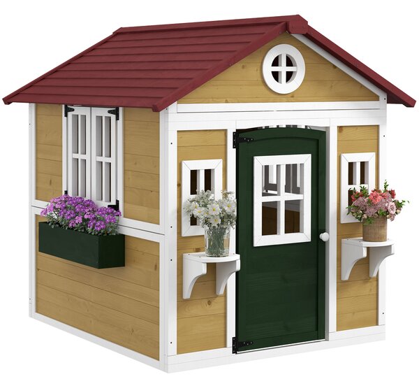 Outsunny Căsuță de exterior pentru copii, casă de joacă exterioară cu ușă, ferestre și jardiniere 114 x 126,4 x 135 cm bej | Aosom Romania