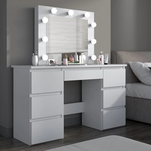 SEA552 - Set Masa toaleta, 120 cm, moderna cosmetica machiaj oglinda, masuta vanity, oglinda 9 LED, cu sau fara Priza, cu sau fara scaun - Alb