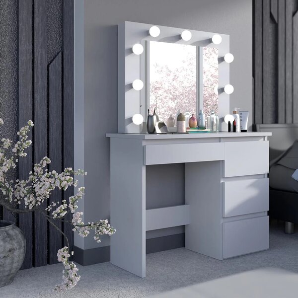 SEA548 - Set Masa toaleta, 94 cm, moderna cosmetica machiaj oglinda, masuta vanity, oglinda 9 LED, cu sau fara Priza, cu sau fara scaun - Alb