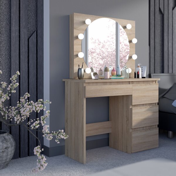 SEM523 - Set Masa toaleta, 94 cm, moderna cosmetica machiaj oglinda, masuta vanity, oglinda 8 LED, cu sau fara scaun - Sonoma