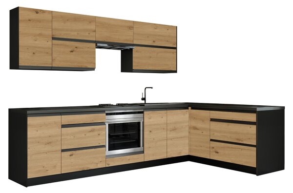 KONDELA Mobilier de bucătărie universal de colţ 300x180, stejar artizan/negru, BRECK