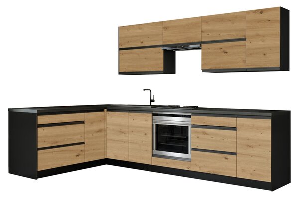 KONDELA Mobilier de bucătărie universal de colţ 300x180, stejar artizan/negru, BRECK