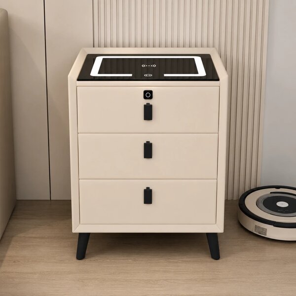 RESIGILAT- Noptieră inteligentă multifuncțională, 3 sertare, blocare cu amprentă, LED-uri tactile, 3 tipuri de culoare, încărcare fără fir, Difuzor Bluetooth, incarcare USB, sticla securizata, Alb