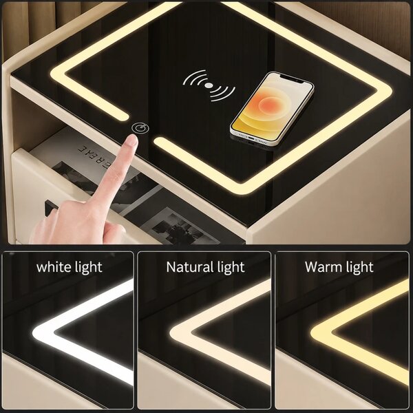 RESIGILAT- Noptieră inteligentă multifuncțională, 3 sertare, blocare cu amprentă, LED-uri tactile, 3 tipuri de culoare, încărcare fără fir, Difuzor Bluetooth, incarcare USB, sticla securizata, Alb