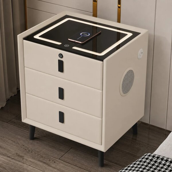RESIGILAT- Noptieră inteligentă multifuncțională, 3 sertare, blocare cu amprentă, LED-uri tactile, 3 tipuri de culoare, încărcare fără fir, Difuzor Bluetooth, incarcare USB, sticla securizata, Alb