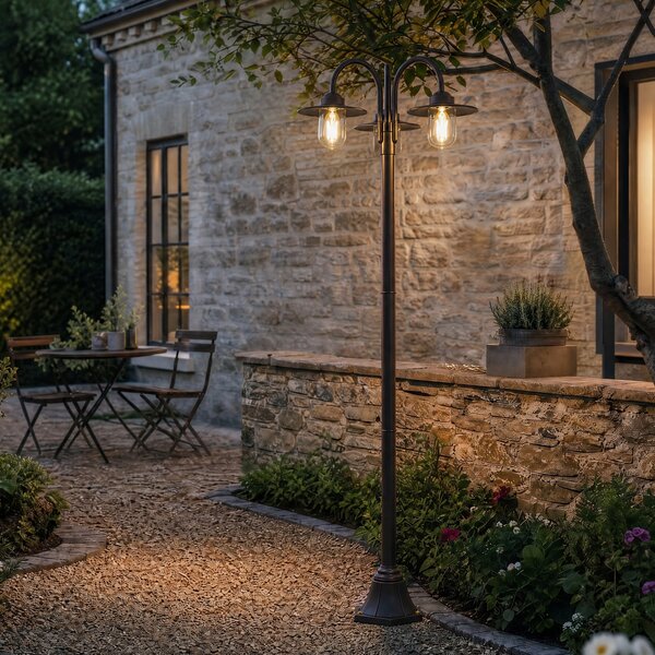 Lindby Lampa de exterior Bilma, cu 3 becuri, finisaj ruginit, 220 cm, sticlă,, reglabil, Maro / Rugină, Aluminiu, Modern