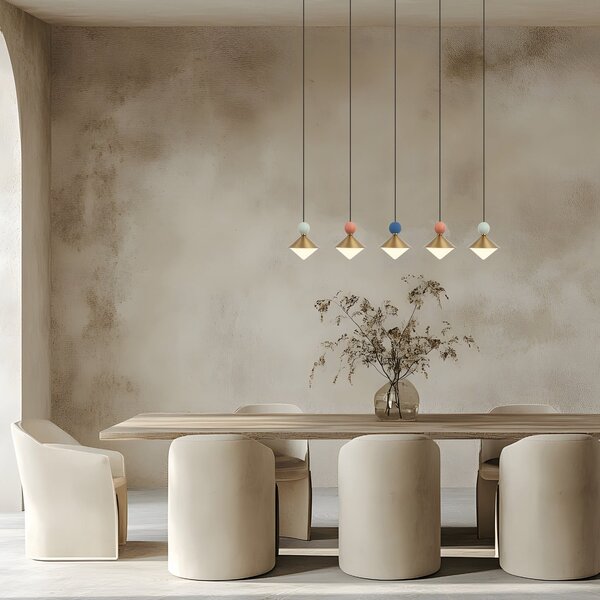 Zambelis Lampă suspendată LED 25103, alamă/colorată, 5 becuri. Metal/sticlă/ceramică, reglabil, Auriu / Alamă, Camera de zi / sufragerie, Metal