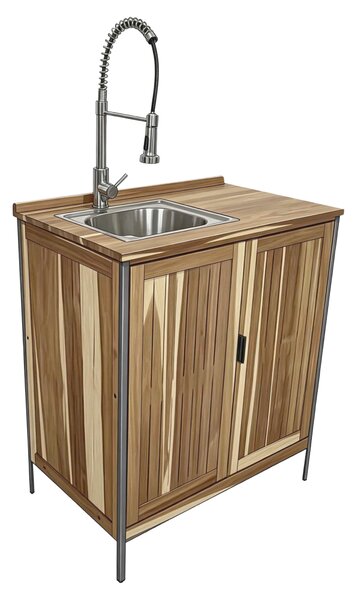KONDELA Mobilier de bucătărie pentru grădină din 3 piese cu chiuvetă, lemn de salcâm, natural, ALIENA