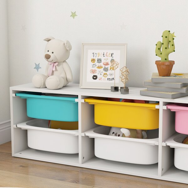 AIYAPLAY Raft pentru Jucării din Lemn cu 6 Recipiente Detașabile din Plastic, Multicolor | Aosom Romania